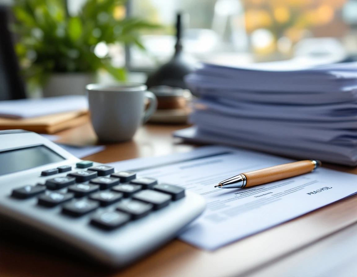 Calculator and pen on payroll professional's desk with organized documents and office supplies
