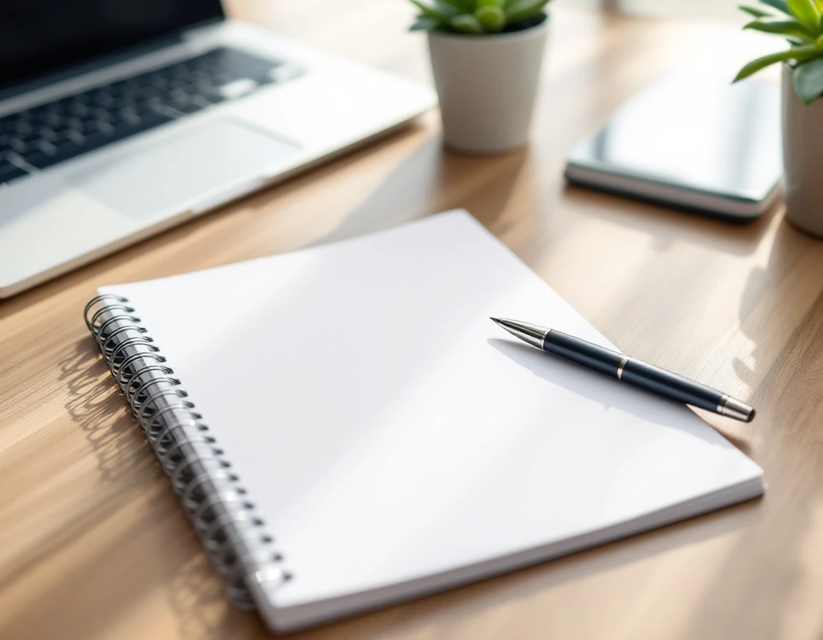 Minimalist office desk with blank notebook and pen representing workplace policy documentation