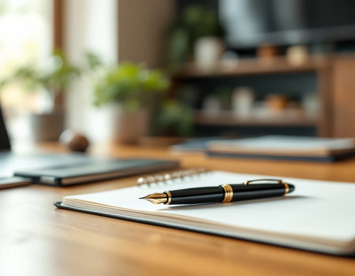 Professional workspace with pen and notebook suggesting workplace policy documentation and compliance planning