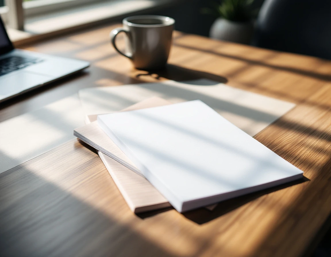 Professional office desk with blank notepads and coffee mug under natural window lighting