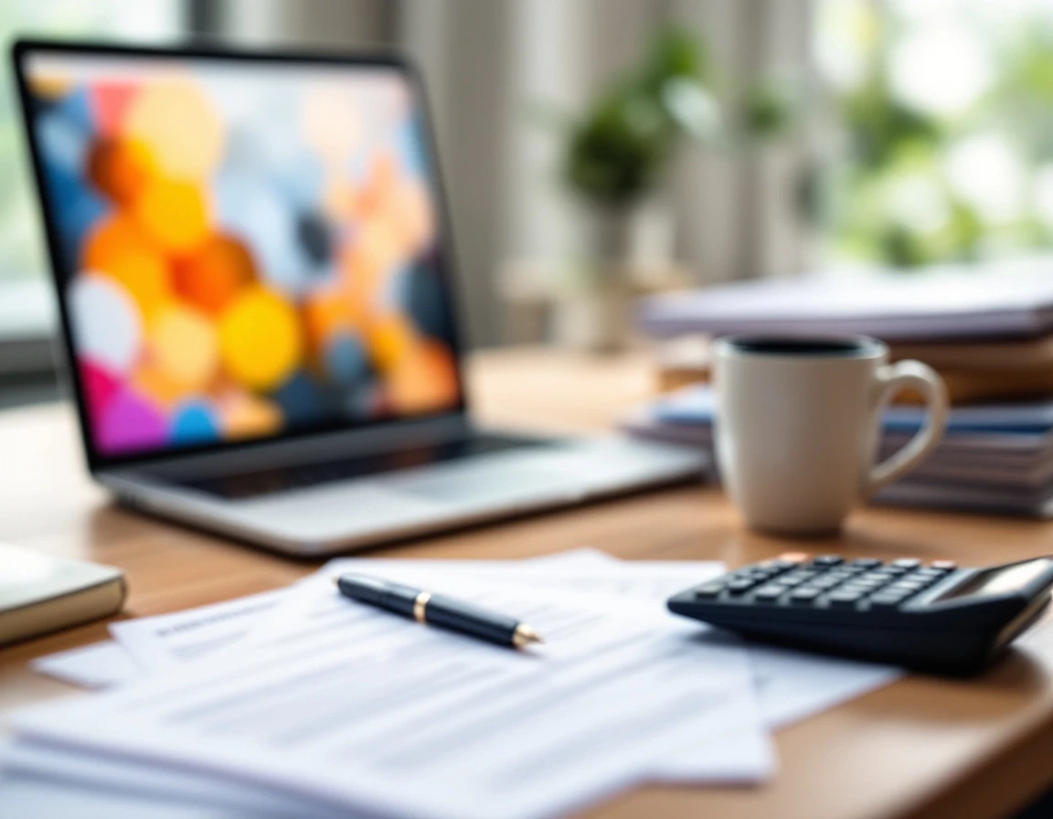 Professional desk workspace with blurred payroll documents and laptop emphasizing compliance organization