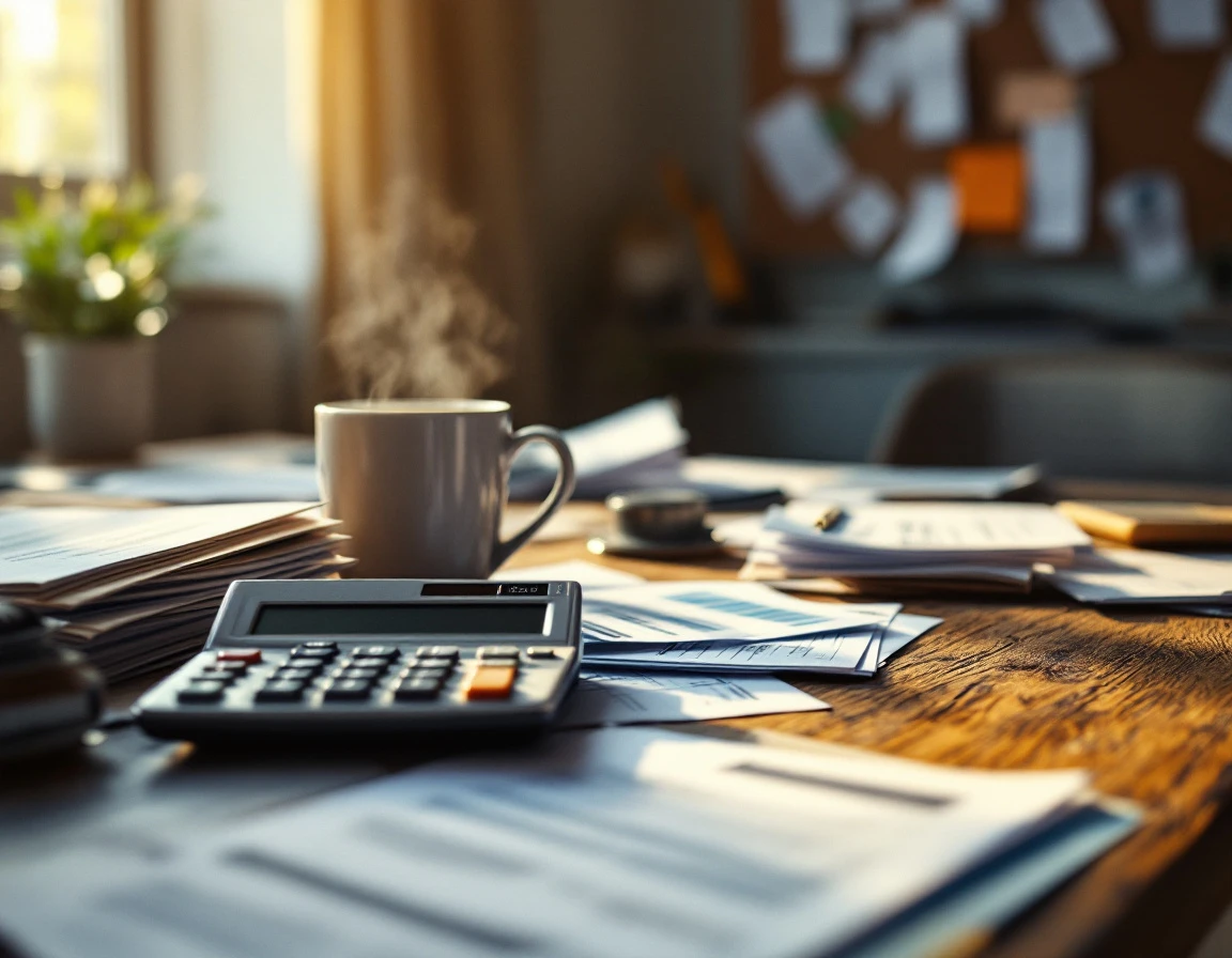 Cluttered business desk with financial papers and calculator in natural morning light