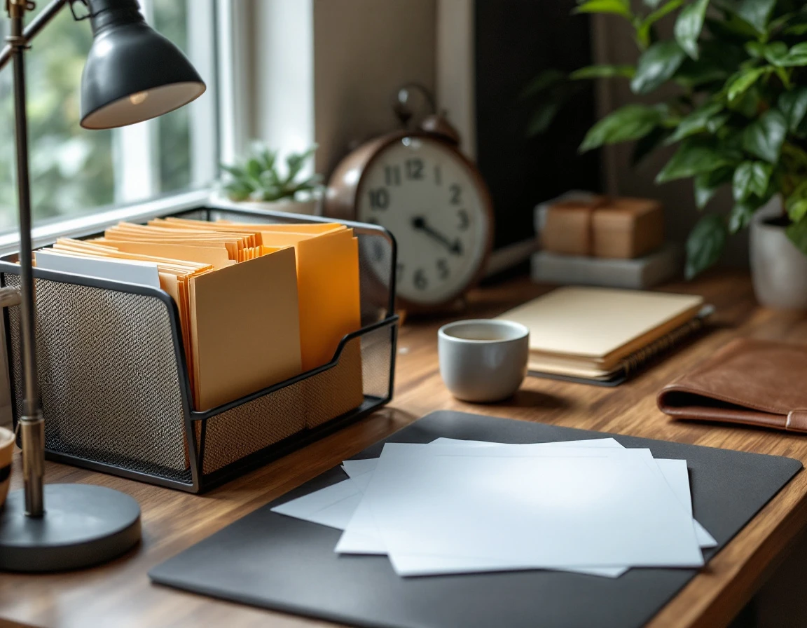 Organized desk with file organizers and blank documents arranged systematically in natural office lighting