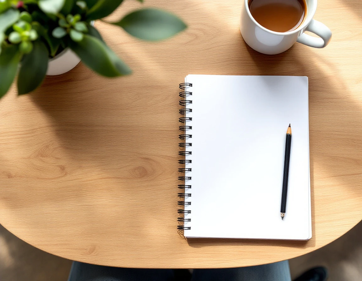 Clean workspace with blank notebook, coffee, and succulent during early business implementation phase