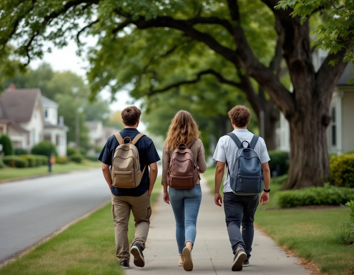Students walking together on residential sidewalk during late summer afternoon