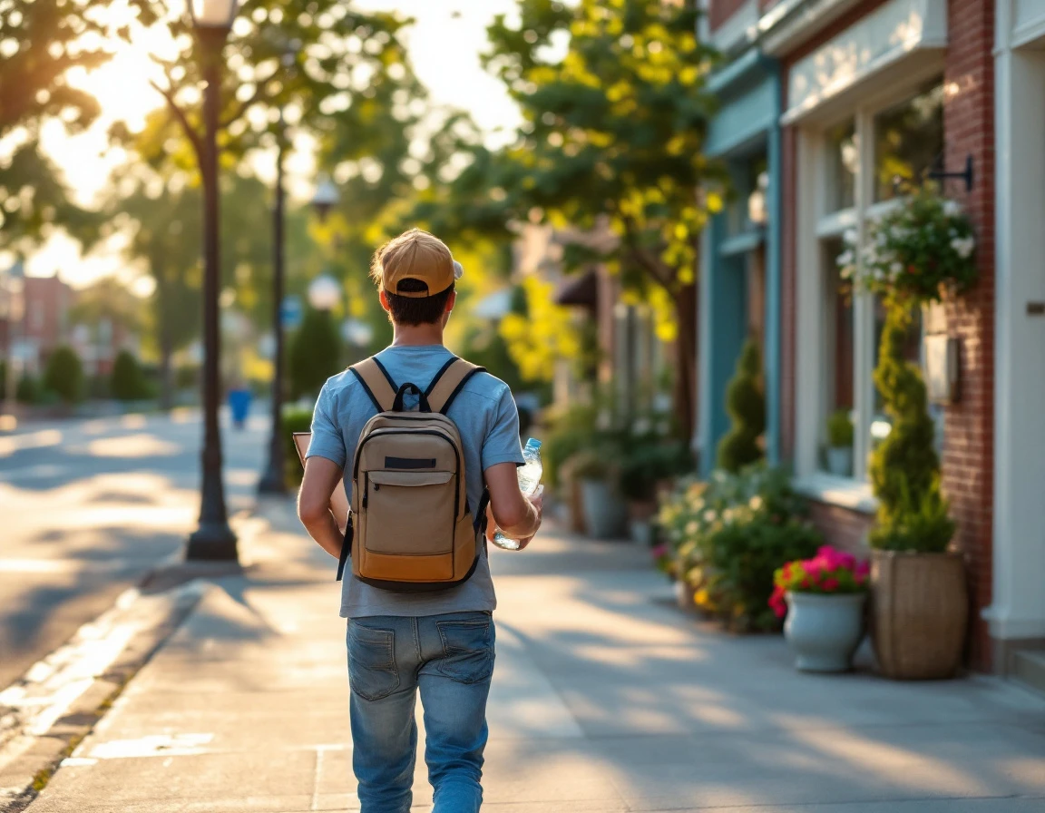 Teenage worker walking toward local business on summer afternoon in suburban downtown district