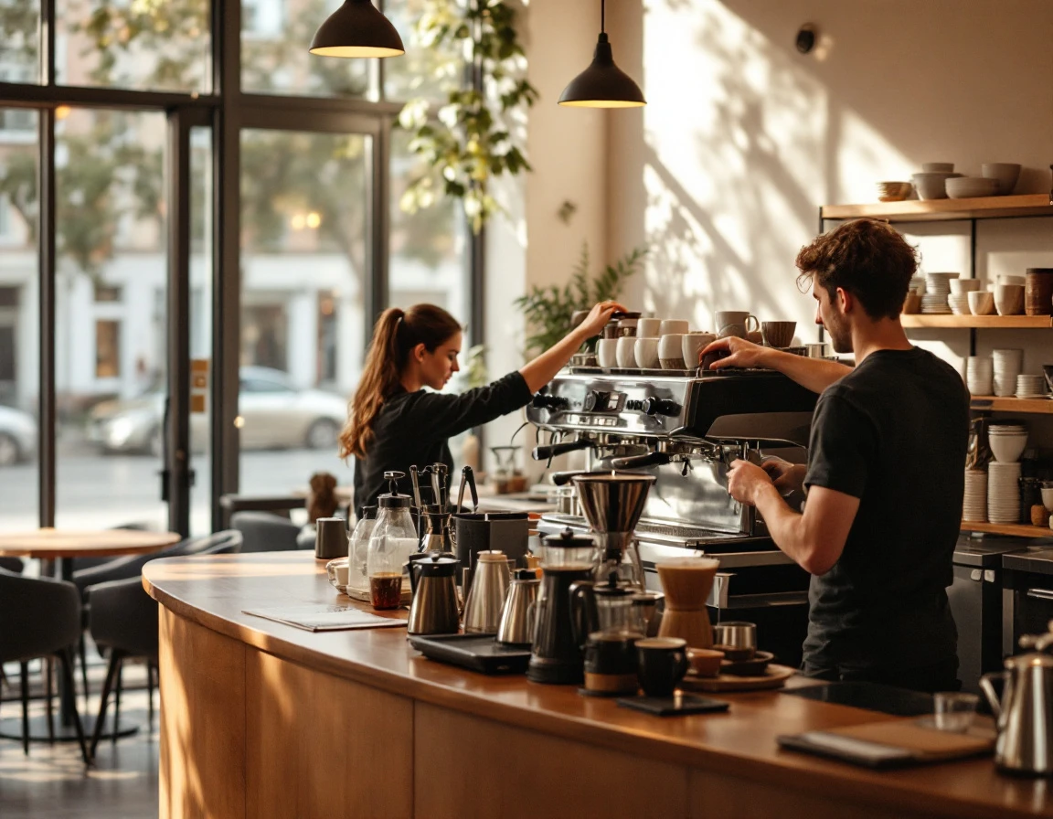 Two baristas working behind coffee shop counter during morning shift without visible faces