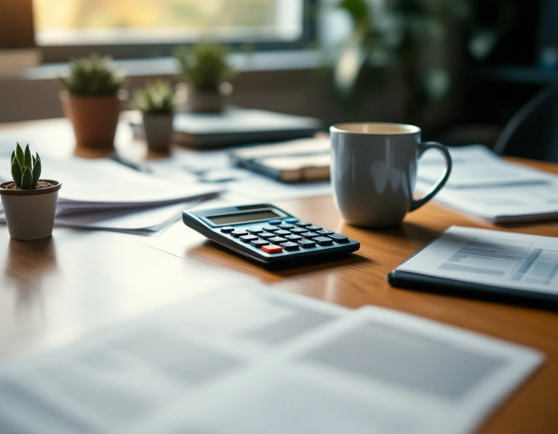 Calculator and coffee on desk with blurred paperwork during mid-year payroll compliance review
