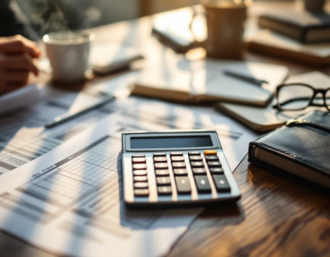 Business desk with calculator, financial papers, and coffee mug showing payroll management workspace