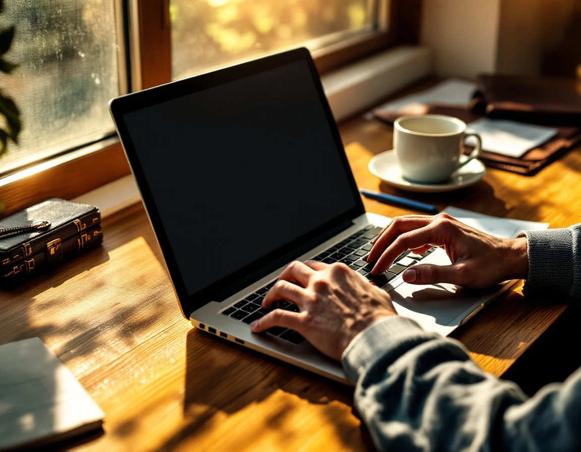 Business owner's desk with laptop and coffee during morning work session on payroll planning