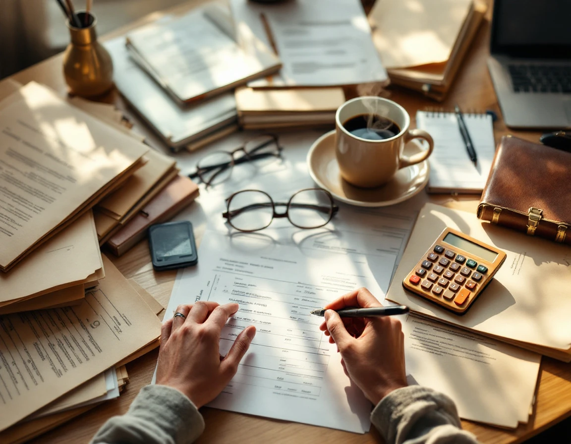 Hands working at desk with payroll documents, calculator, and coffee mug in natural office lighting