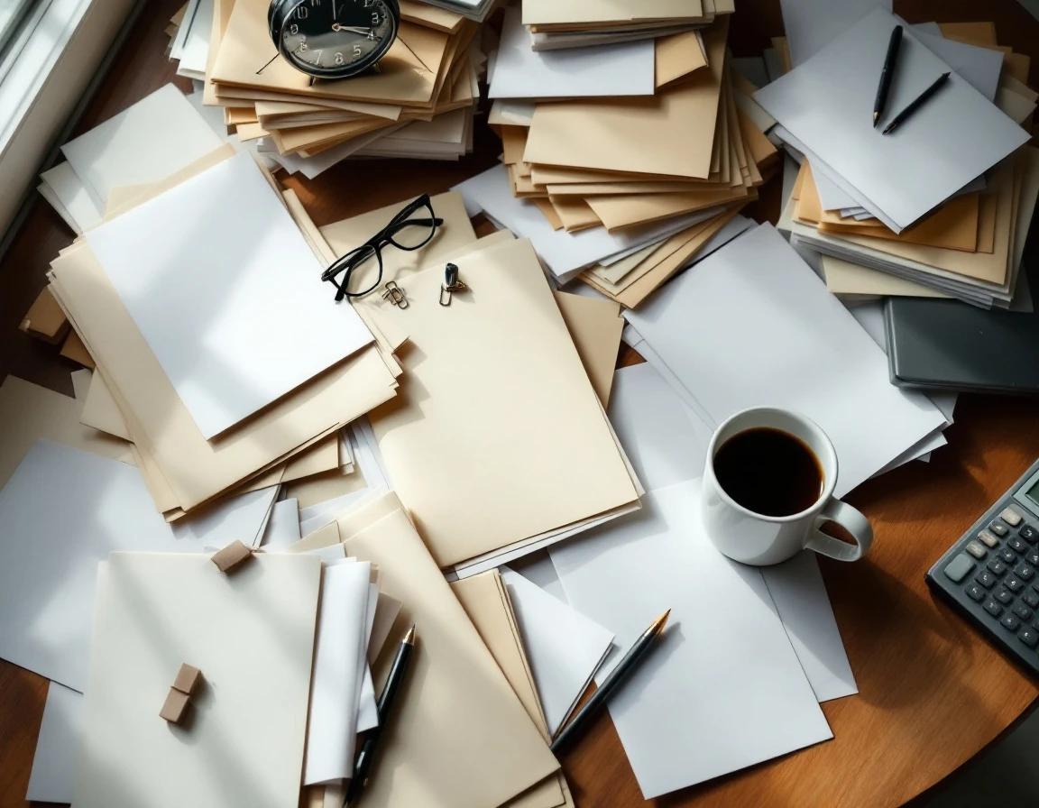 Cluttered office desk with stacks of paperwork, calculator, and office supplies under natural window light