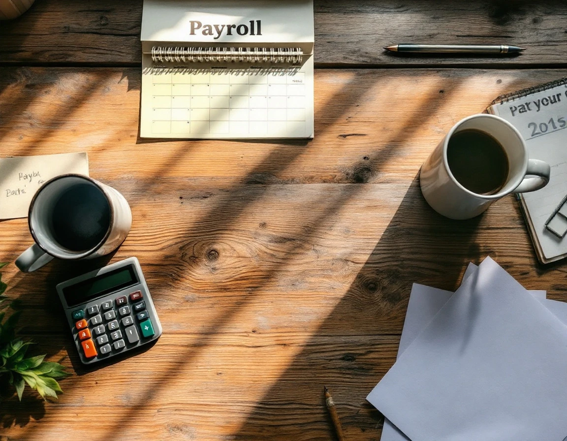 Desk workspace with calendar, calculator, and coffee mug showing payroll planning during seasonal business cycle