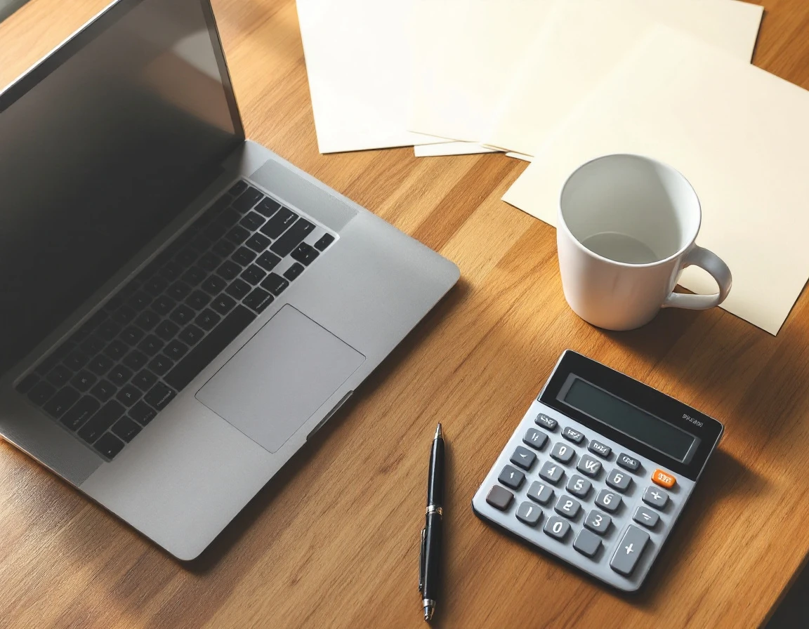 Organized desk workspace with laptop, calculator, and blank papers for benefits enrollment data entry
