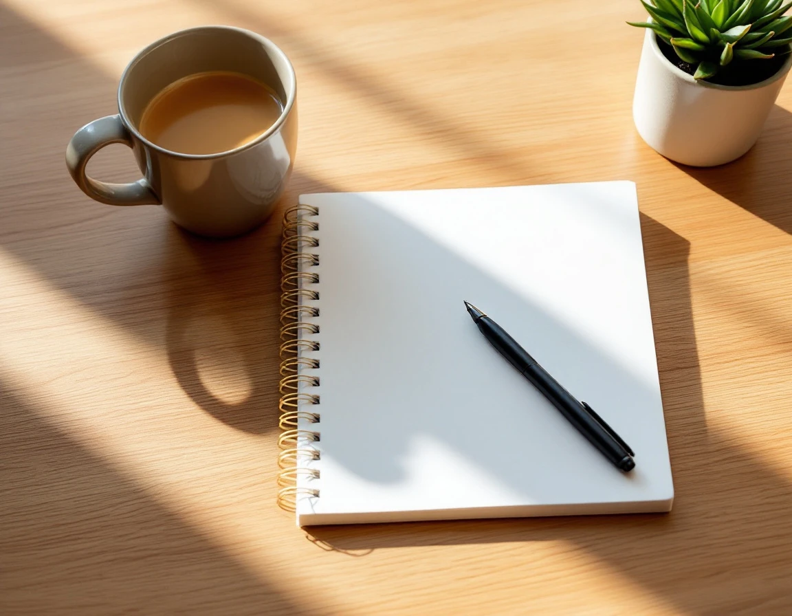 Blank notebook and pen on wooden desk with coffee and plant in soft natural light