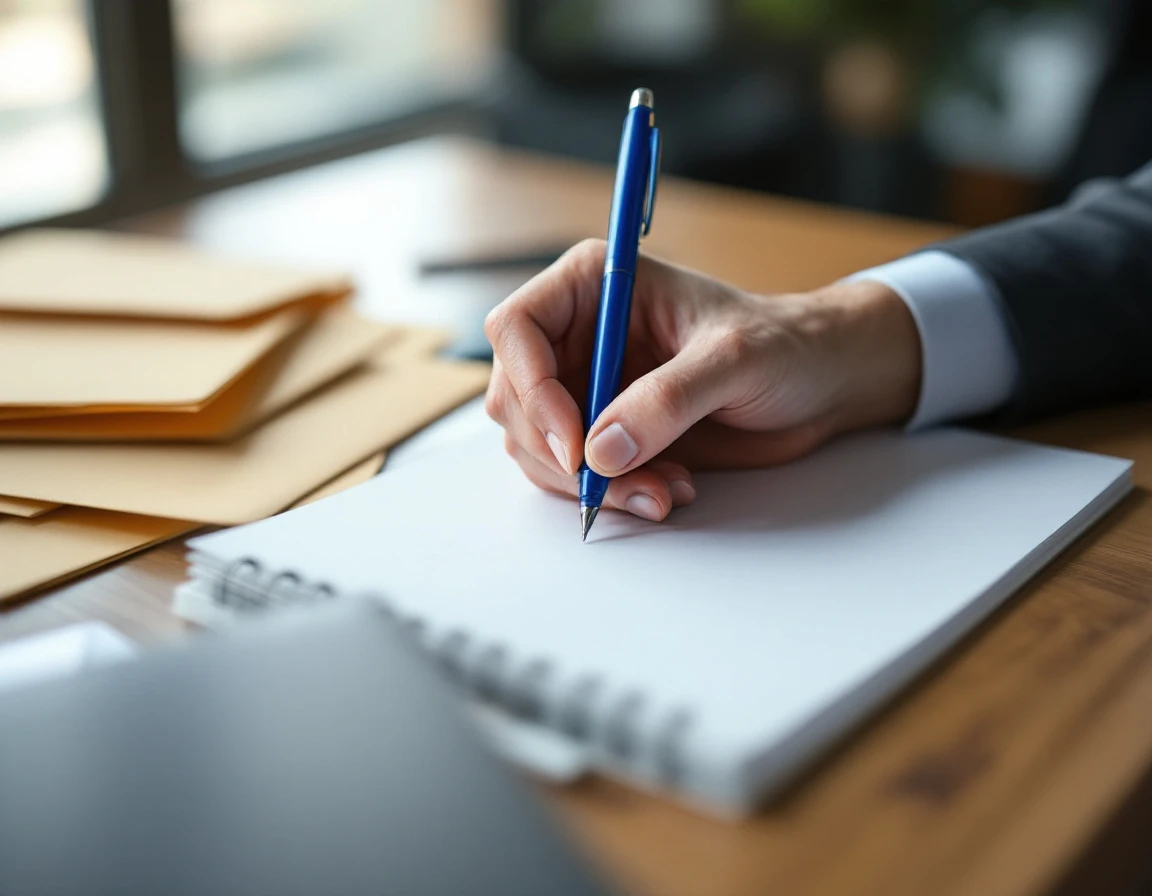 Hand holding pen above blank notepad with blurred paperwork in office setting