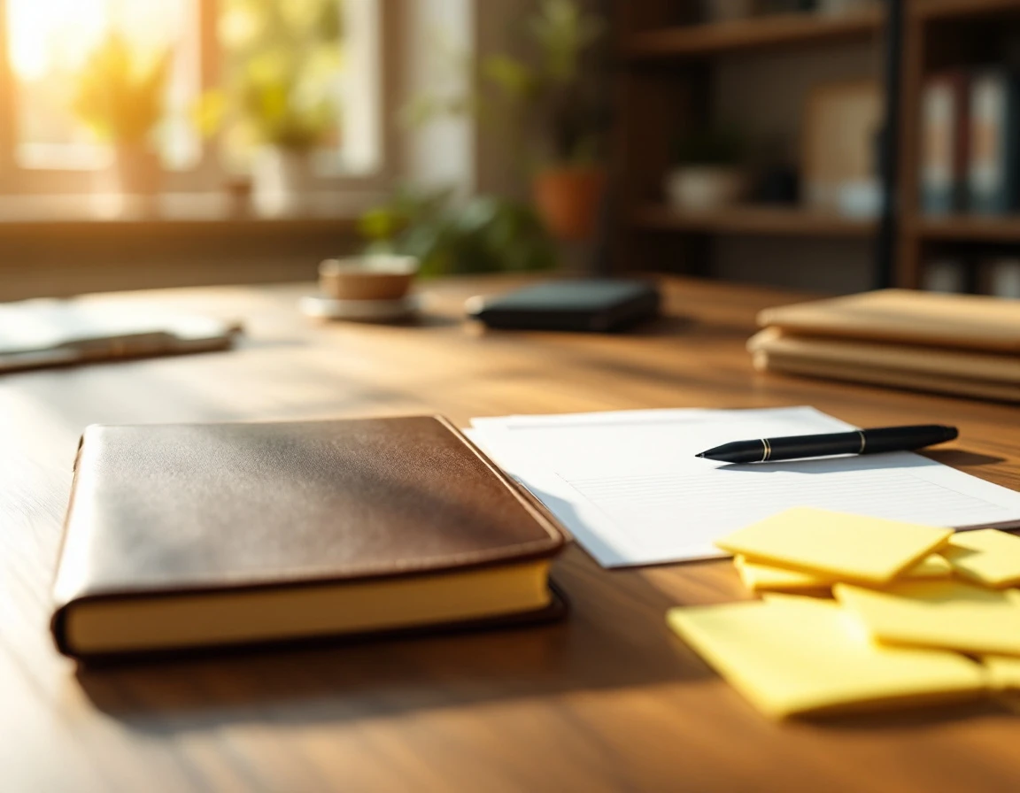Wooden office desk with blank planning materials and closed folders for payroll deadline tracking