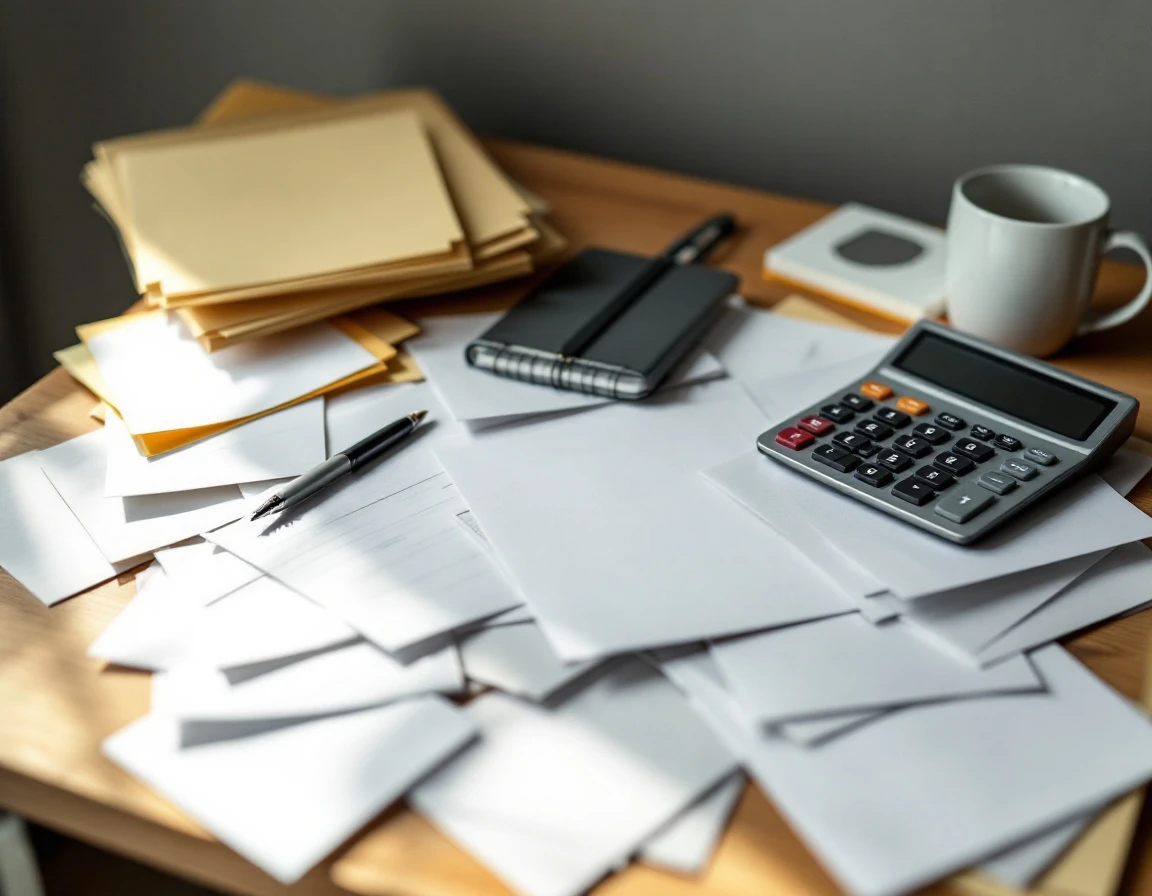 Cluttered desk with scattered blank papers, dark calculator, and unmarked folders showing manual payroll workflow chaos