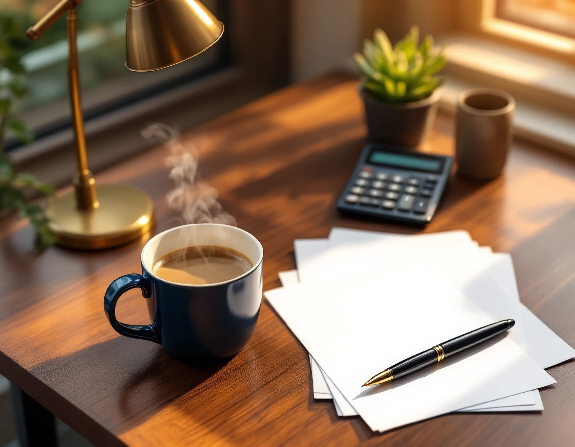Organized workspace desk with calculator, blank papers, and coffee mug in natural morning light