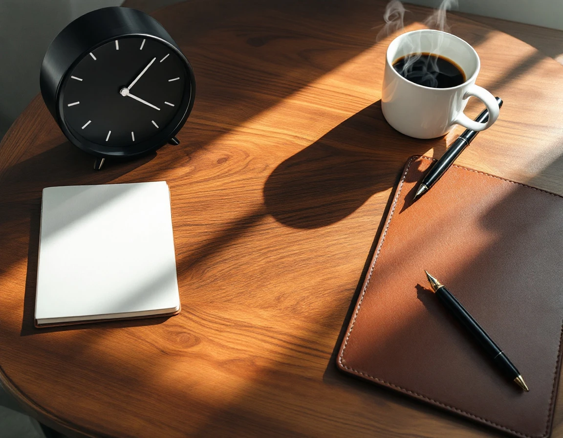 Minimalist desk workspace with clock, coffee, and pen on wooden surface