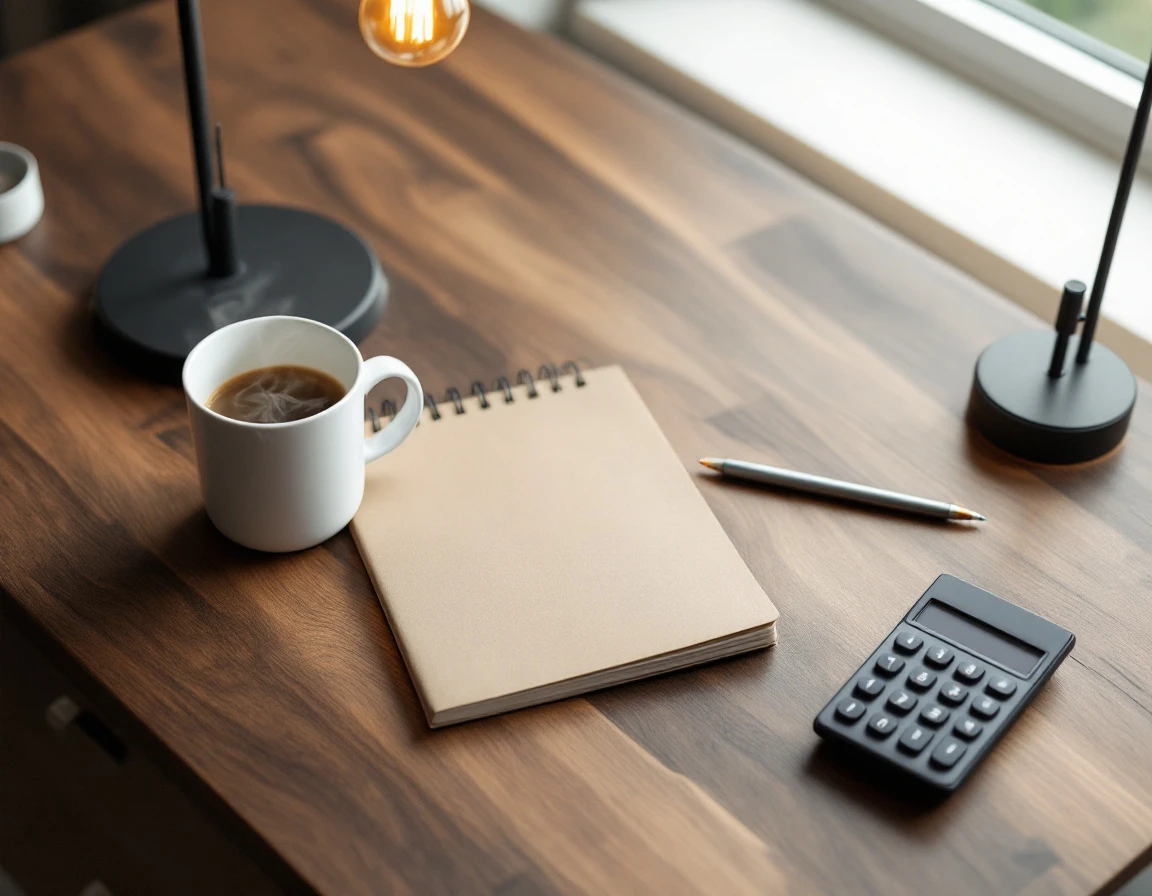 Office desk with coffee, notebook, and calculator in natural morning light