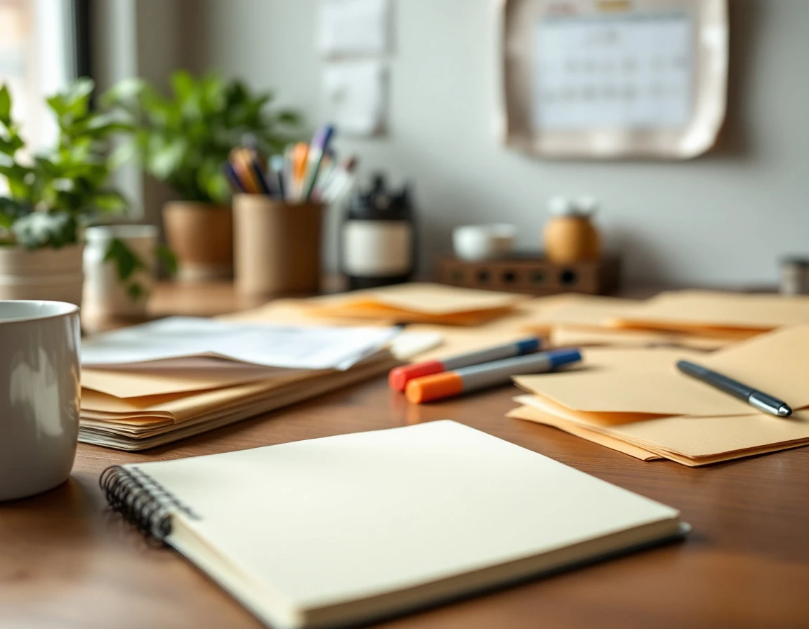 Small business desk setup with blank notebook, folders, and office supplies for tax preparation planning