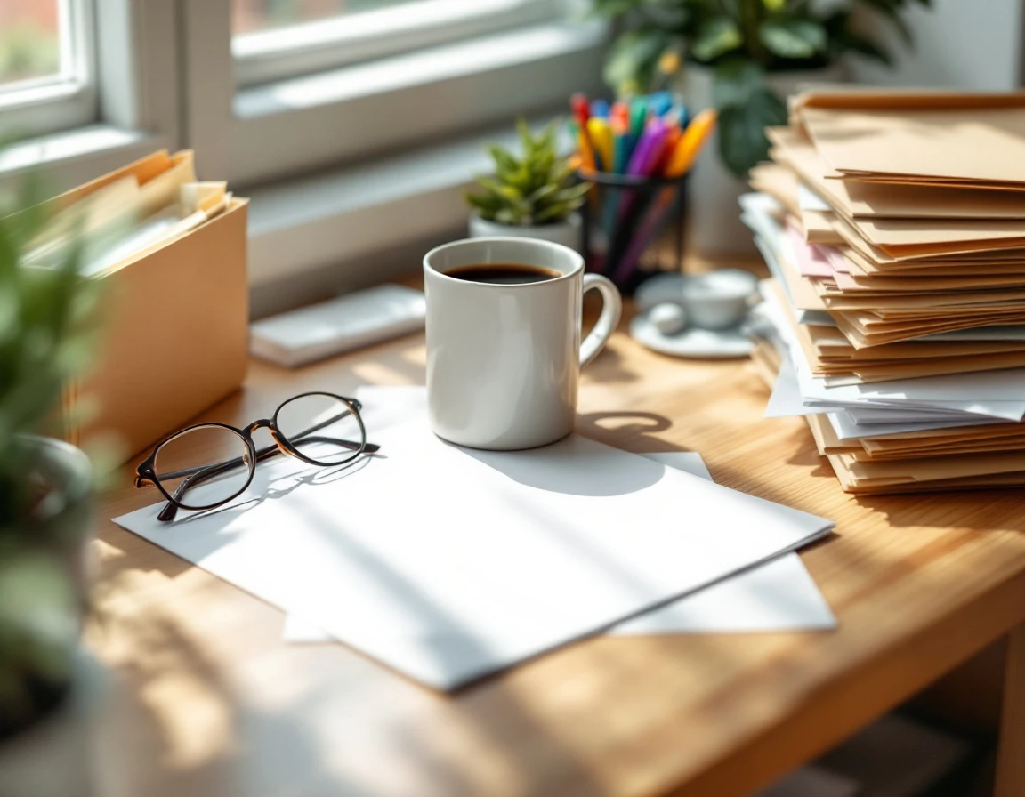 Organized desk workspace with tax preparation materials, coffee mug, and blank planning surface in natural light