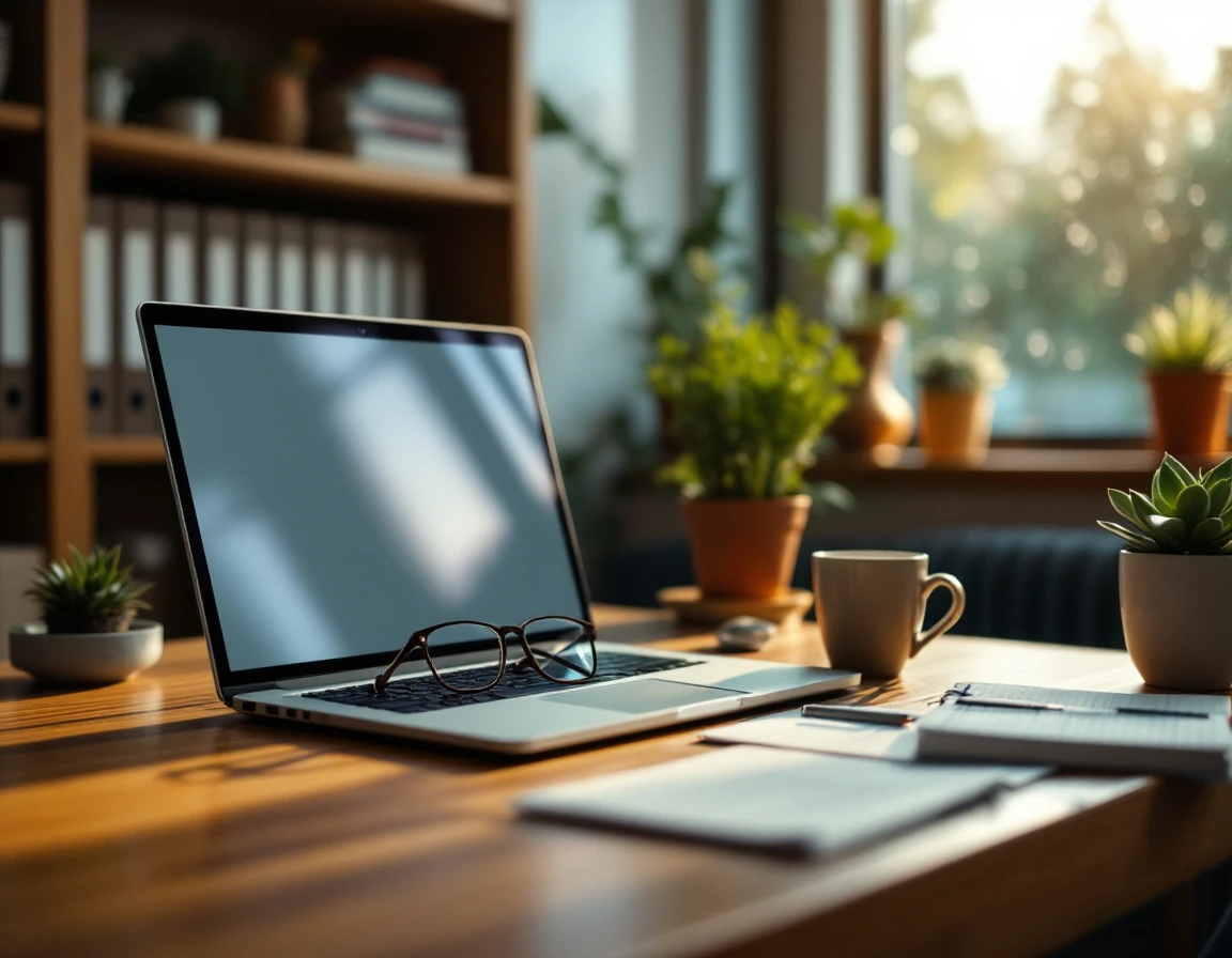 Small business office desk with laptop, coffee mug, and organized workspace in natural morning light