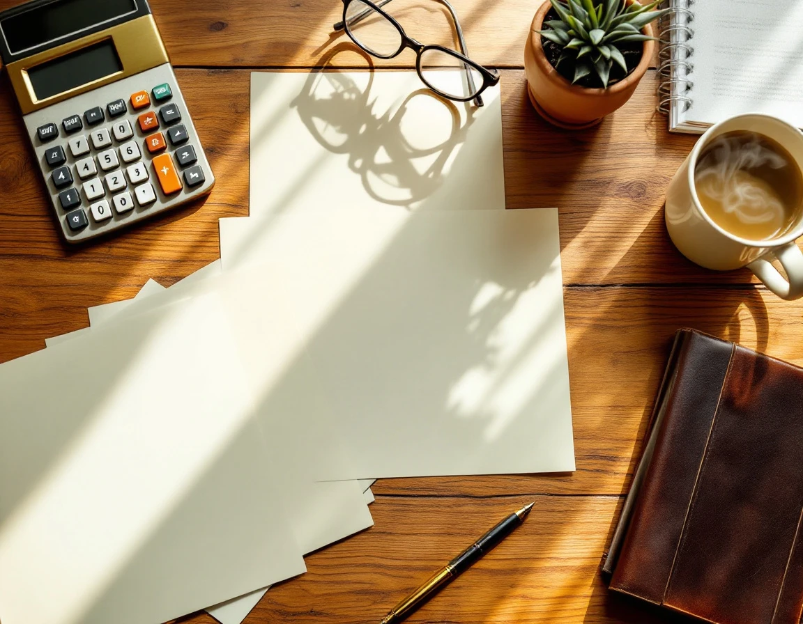 Wooden desk with calculator, glasses, coffee cup, and blank papers suggesting HR compliance workspace