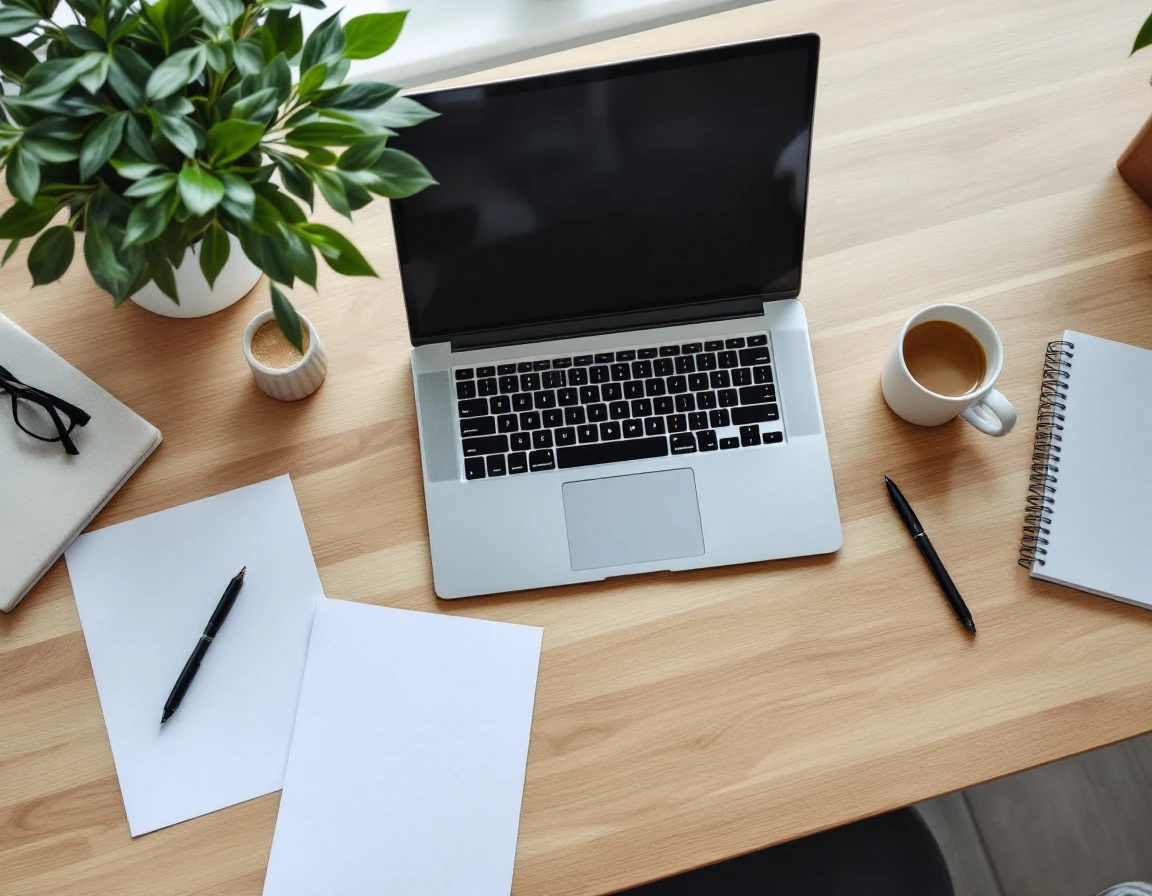 Overhead view of organized workspace with laptop and blank documentation materials on wooden desk