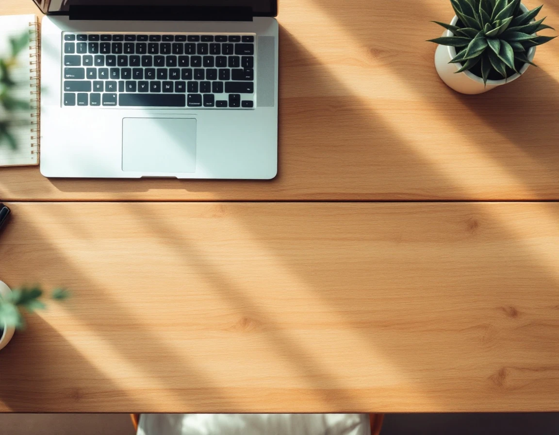 Clean wooden desk workspace with laptop and blank notebook, natural office lighting