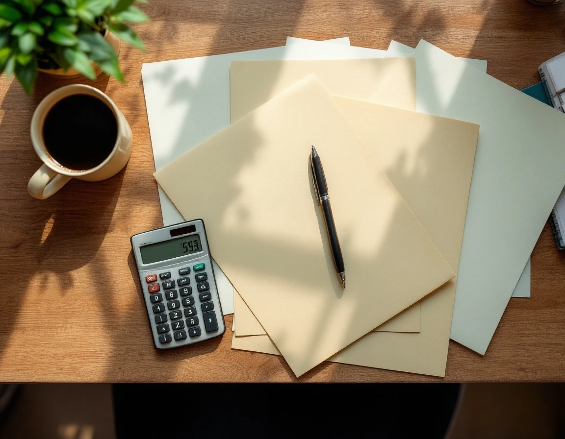 Overhead view of calculator and paperwork on wooden desk during HR compliance planning session