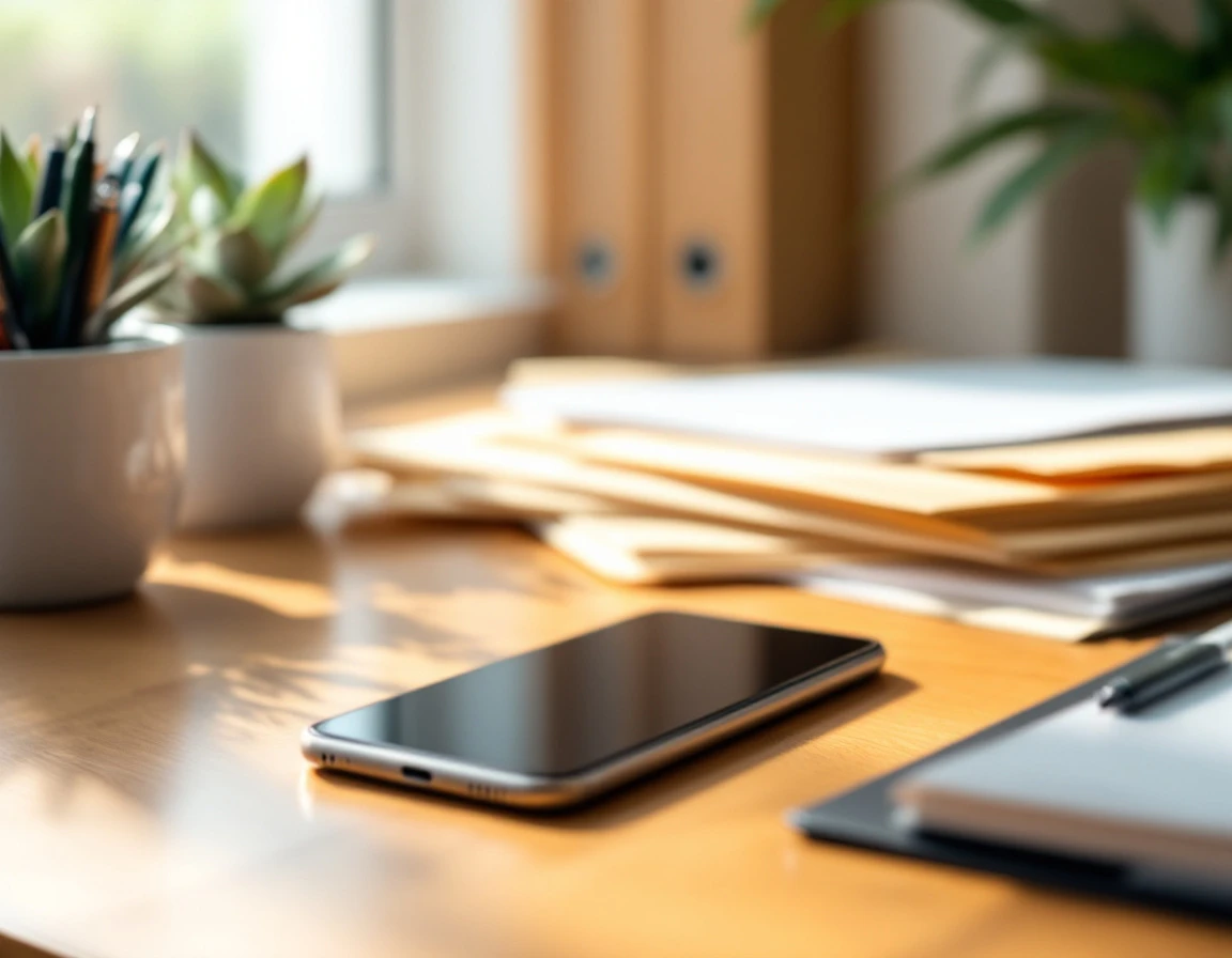 Organized wooden desk with business essentials prepared for HR compliance and year-end reporting tasks