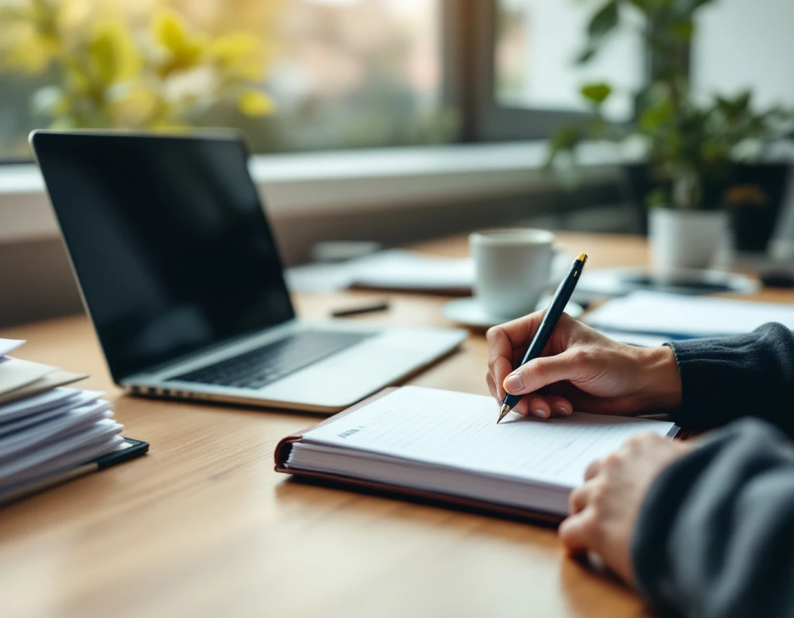 Business owner writing in planner at desk with laptop closed, emphasizing human planning over automation