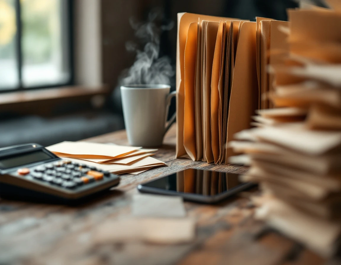 Calculator, coffee mug, and blurred business documents on textured wooden desk in small business office