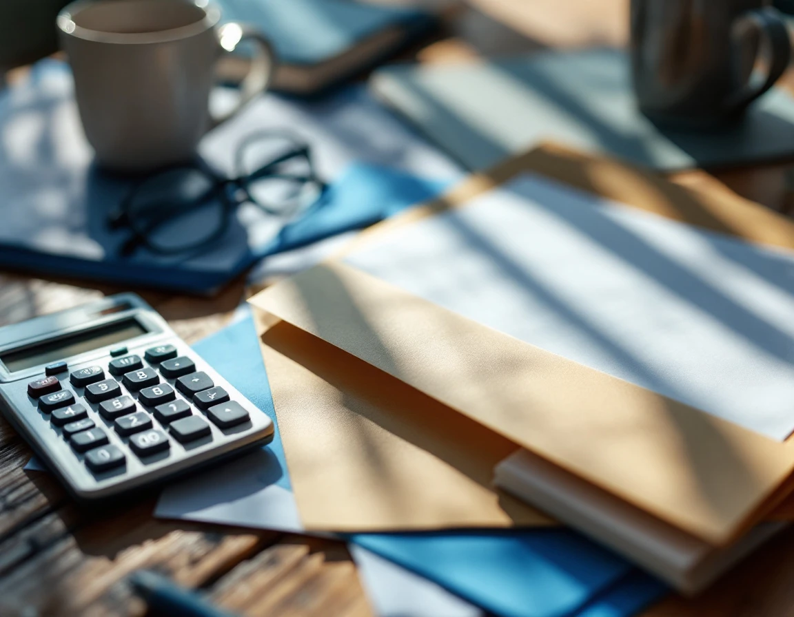 Tax filing workspace with calculator, financial folders, and blank documents on wooden desk with natural lighting