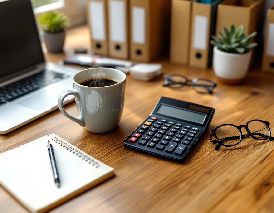 Small business desk with calculator, laptop, and blank notepad for financial compliance work