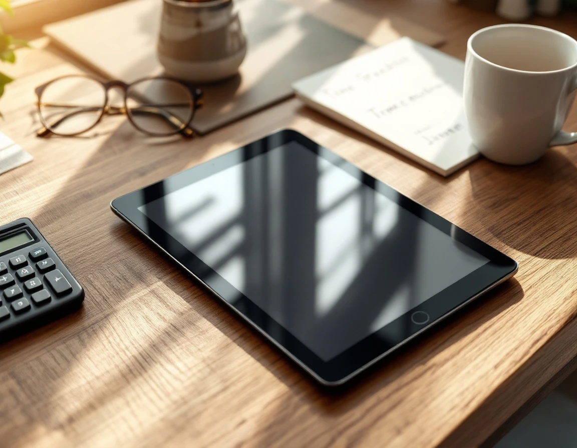 Blurred time-tracking tools on desk including tablet, handwritten notes, and calculator with illegible displays
