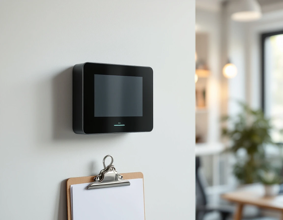 Biometric time clock mounted on office wall with blank display beside wooden clipboard