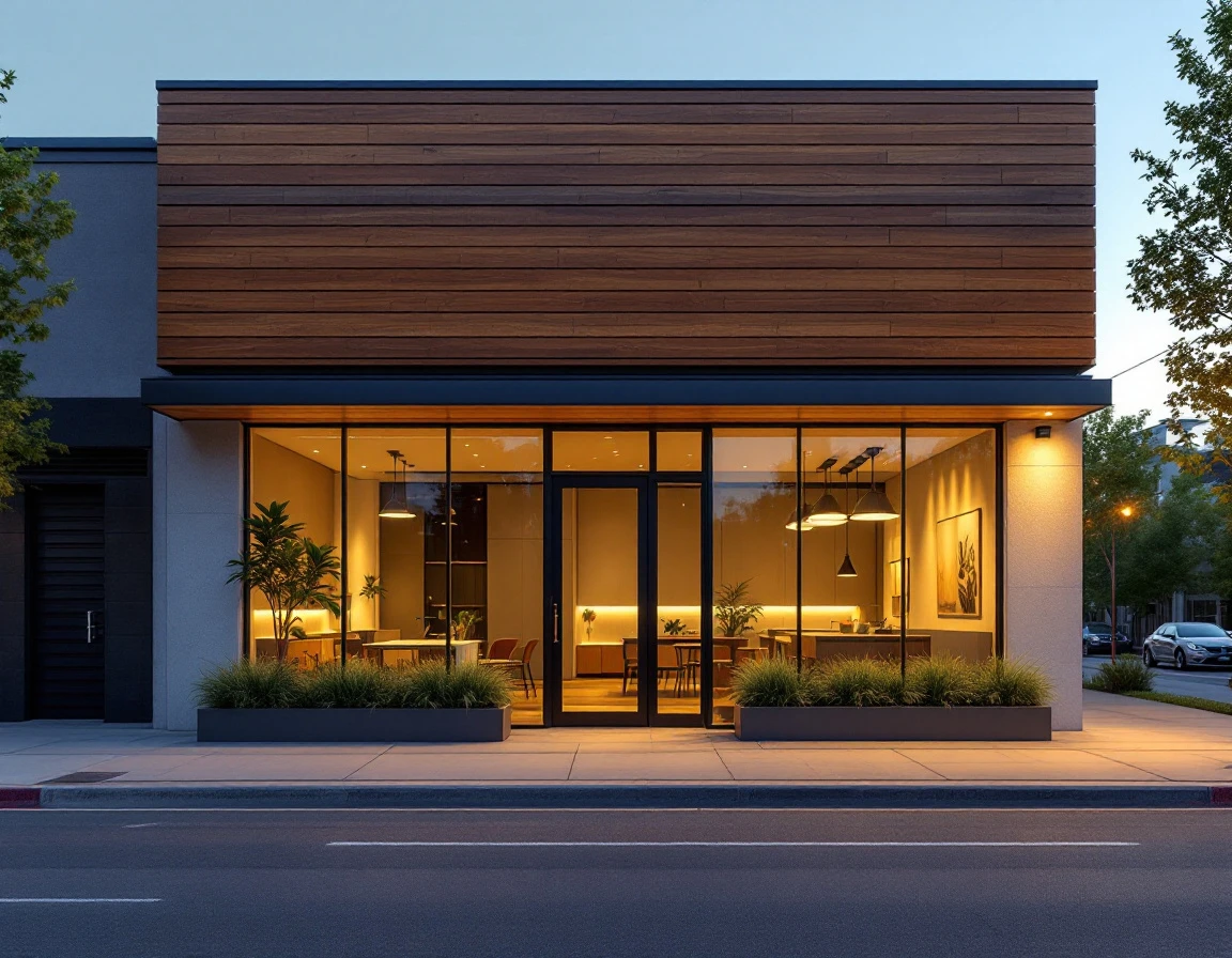 Modern California small business storefront at dusk with warm interior lighting and contemporary architecture