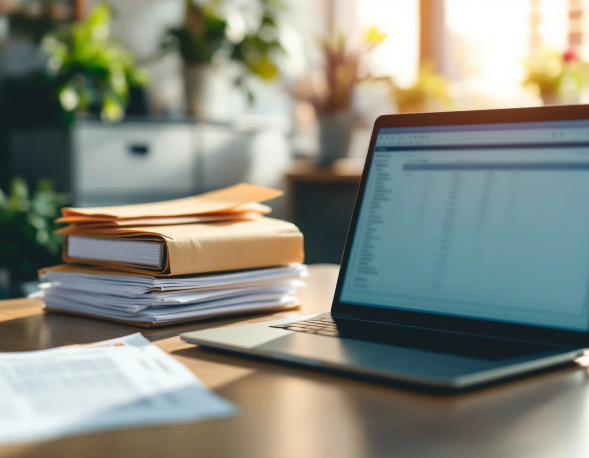 Small business office desk with payroll documents and laptop showing compliance paperwork in natural light