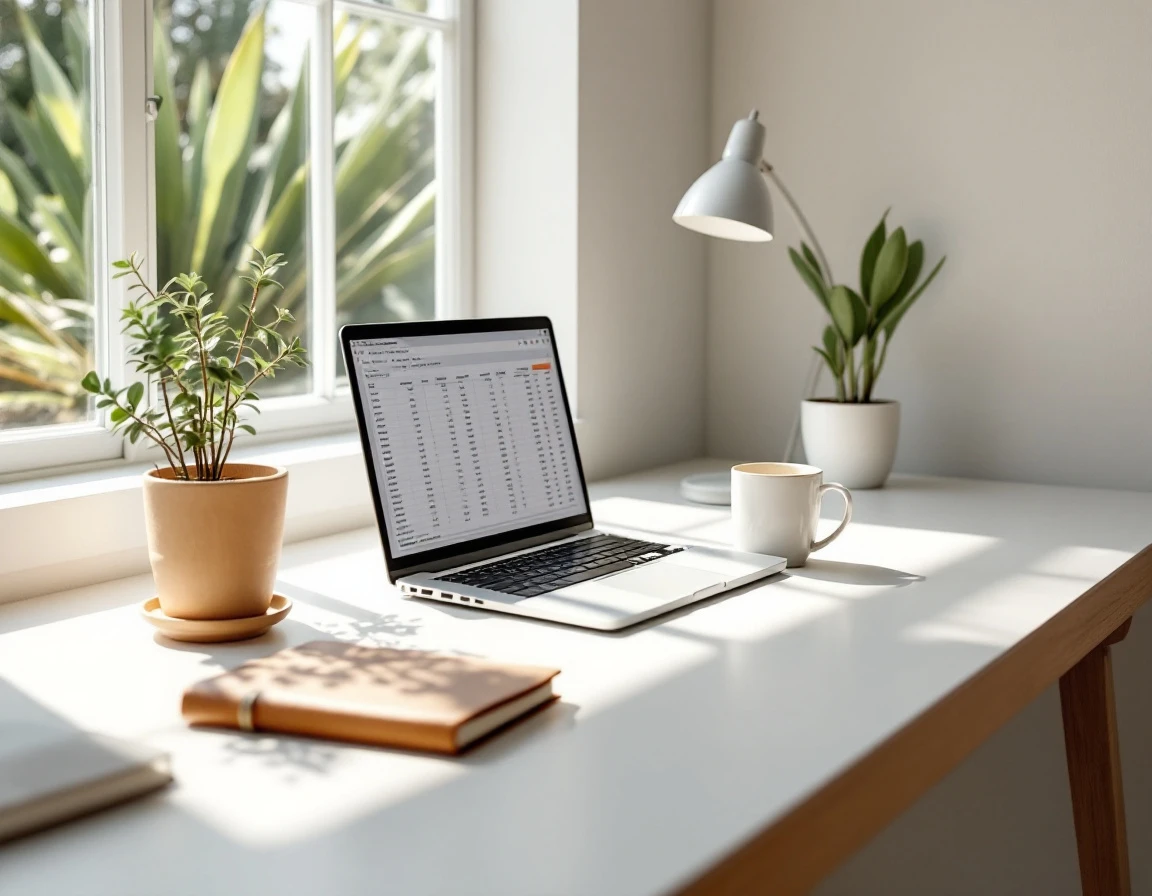 Minimalist home office desk with laptop, coffee, and succulent in natural California sunlight