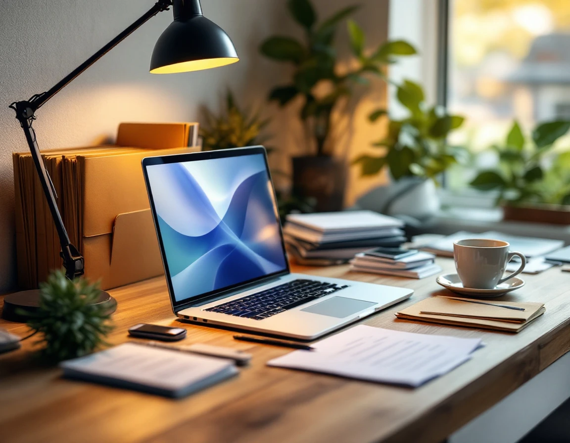 Organized wooden desk workspace with laptop, coffee, and office supplies in natural lighting