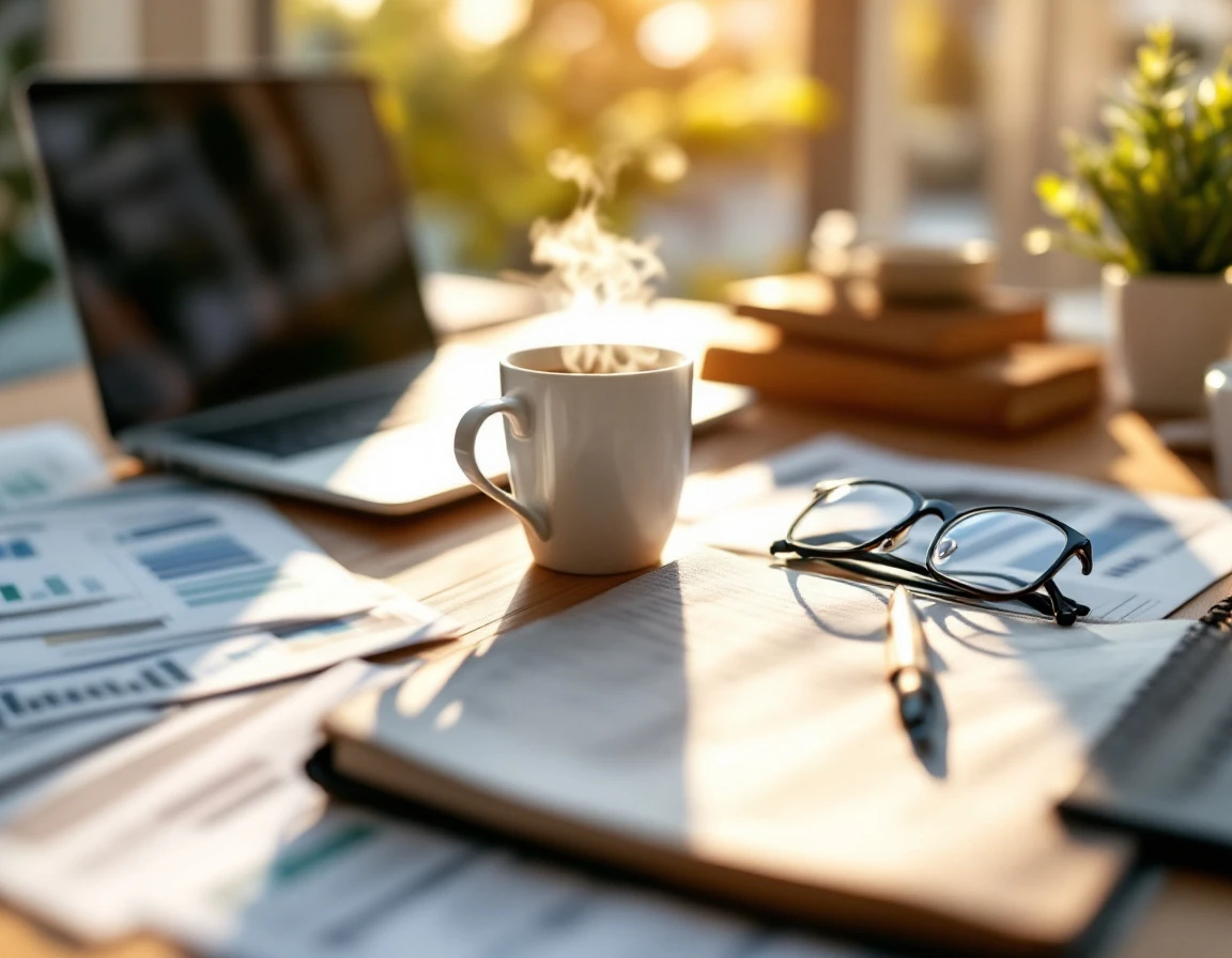 Organized business workspace with financial documents, coffee, and office materials in warm afternoon light
