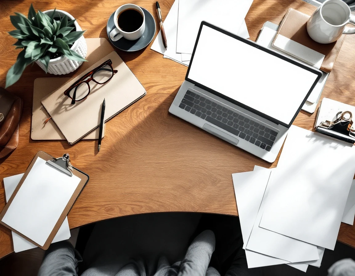 Organized workspace with laptop, coffee, and blank papers on wooden desk for small business planning