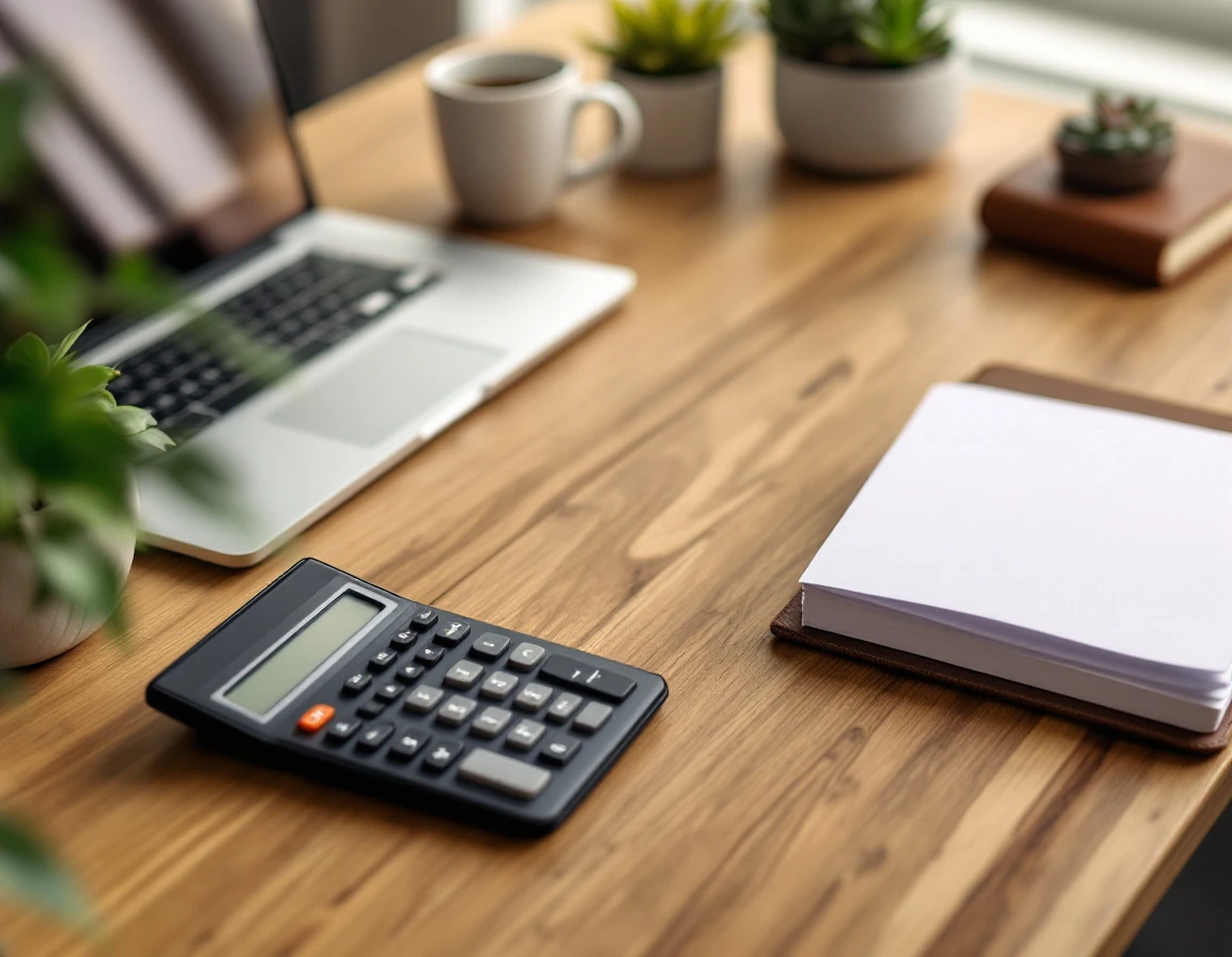 Organized desk workspace with calculator, laptop, and succulent plants representing small business operations