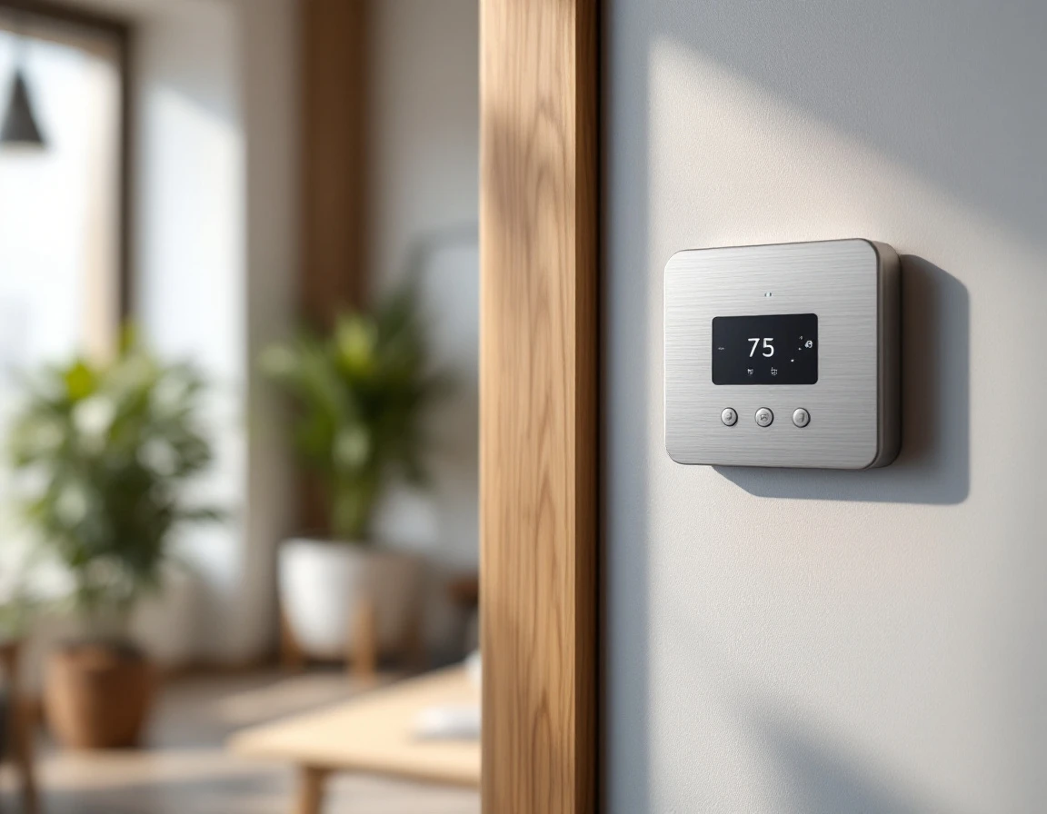 Wall-mounted thermostat control in modern small business office showing cost management equipment