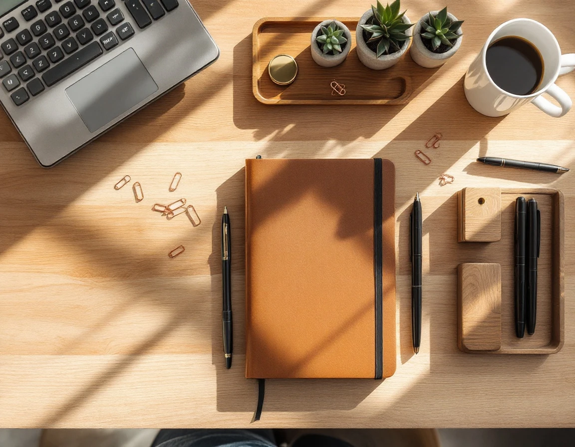 Organized desk workspace with coffee, succulents, calculator, and office supplies for small business planning