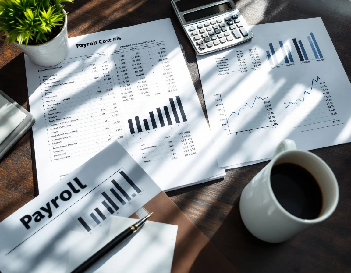 Overhead view of payroll spreadsheets and calculator on business desk with financial analysis materials