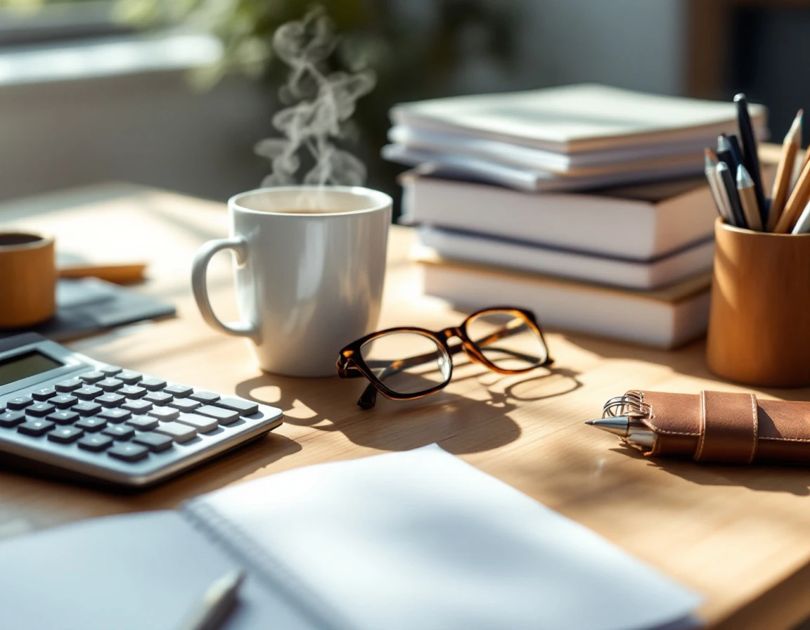 Calculator, coffee mug, and notebooks on wooden desk representing payroll compliance workspace